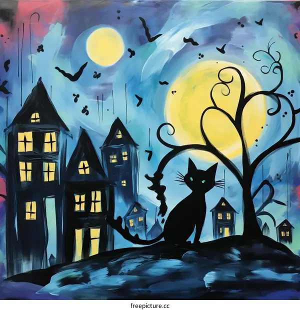 A black cat sits on a hill in front of a haunted house under a full moon