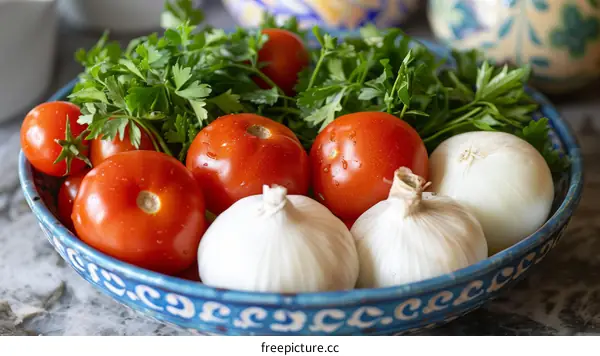 A bowl of tomatoes, onions, and parsley