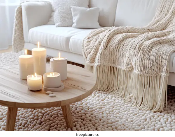Cozy Living Room with Candles and Knitted Throw