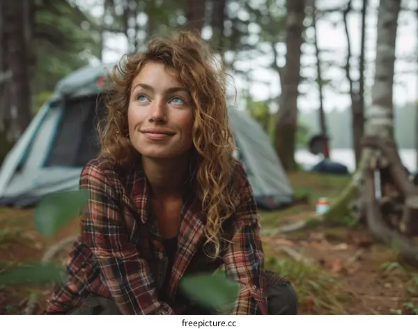 Young woman with curly hair smiles while camping in the woods