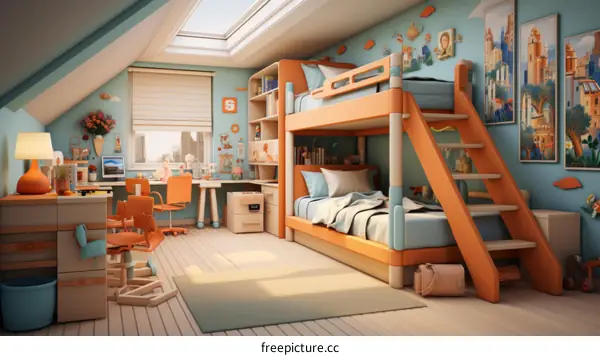 A cozy and modern attic bedroom with a skylight, bunk beds, and a desk