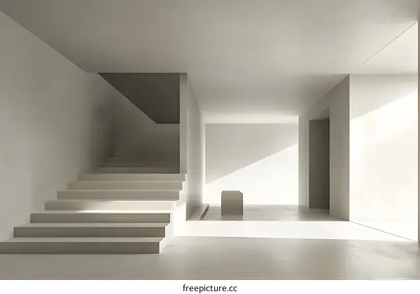 Minimalist White Interior with Stairs and Sunlight