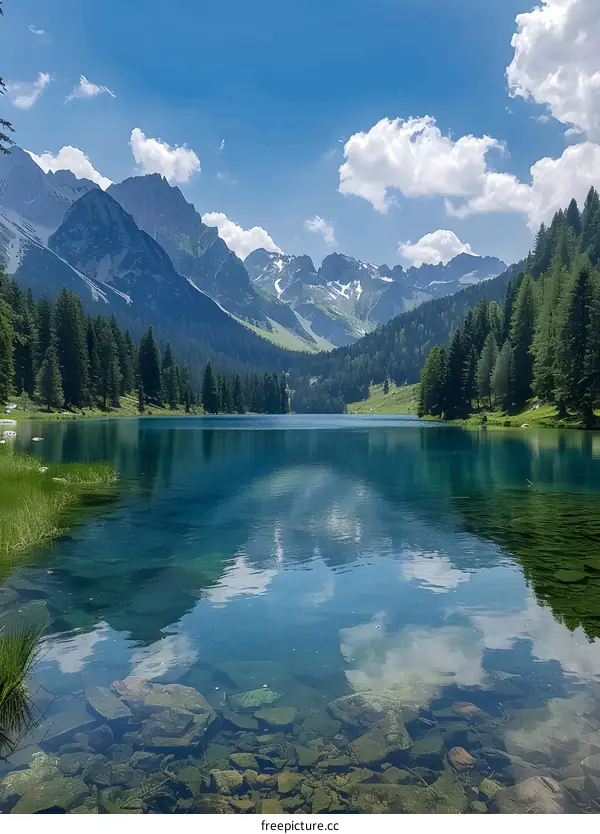 Crystal Clear Mountain Lake with Rocky Bottom and Surrounding Forest