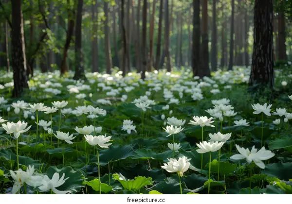 White lotus flowers blooming in a pond surrounded by a forest