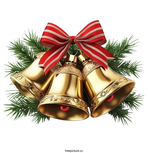 [Transparent Background PNG]Golden Christmas Bells with Red Ribbon