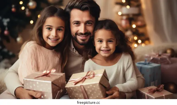 Father and two daughters with Christmas presents