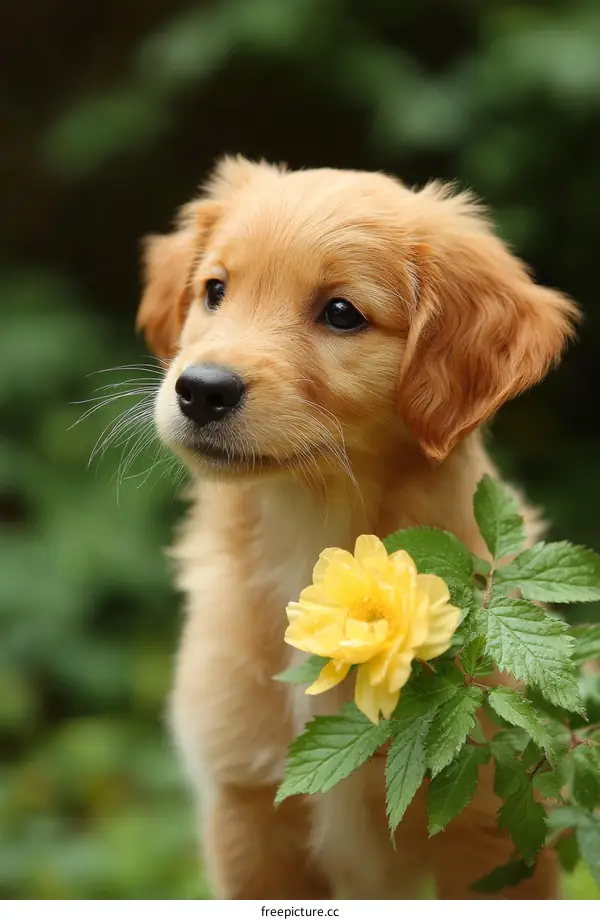 Cute Golden Retriever Puppy with a Yellow Flower