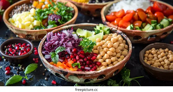 Buddha bowls with chickpeas, vegetables and herbs