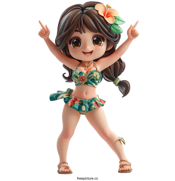 [Transparent Background PNG]3D Cartoon Girl in Floral Swimsuit