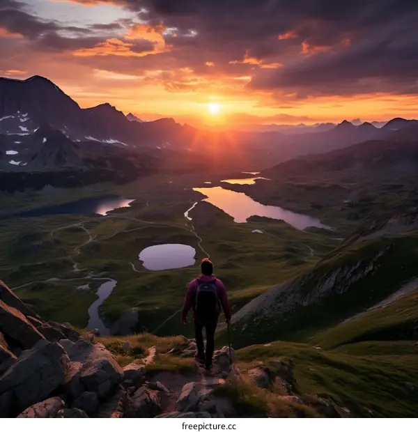 hiker on a mountaintop overlooking a valley with lakes and mountains in the distance