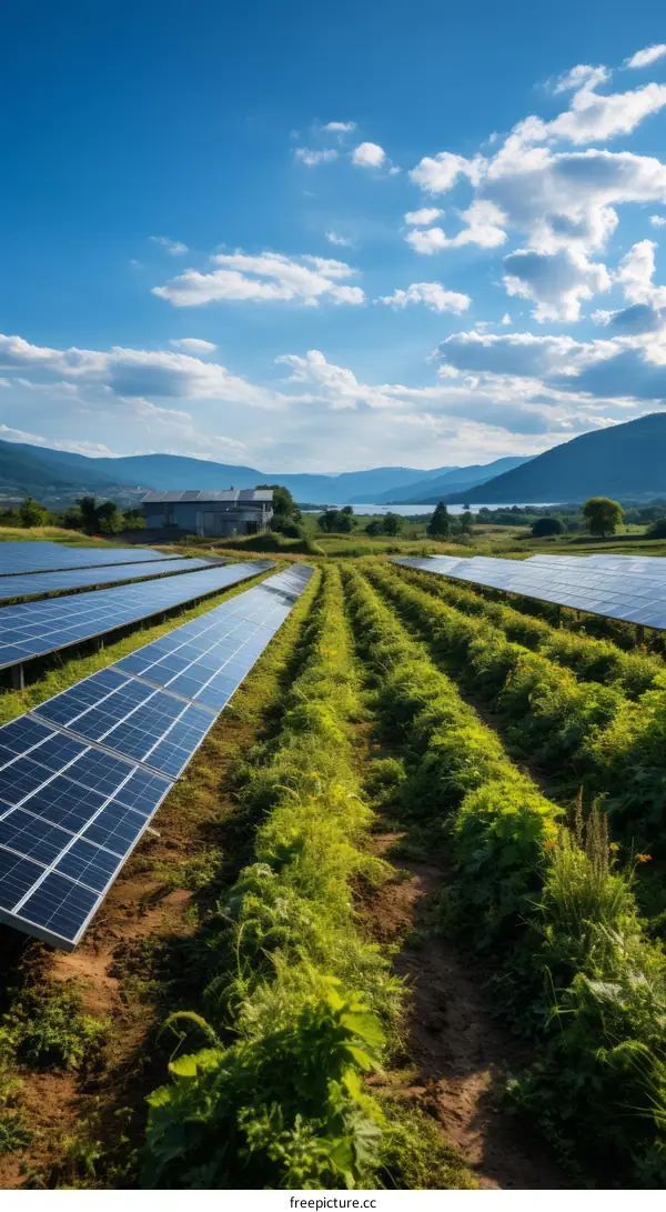 A large solar farm in a rural area