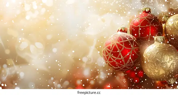 Red and gold Christmas ornaments hanging on a gold background with falling snow
