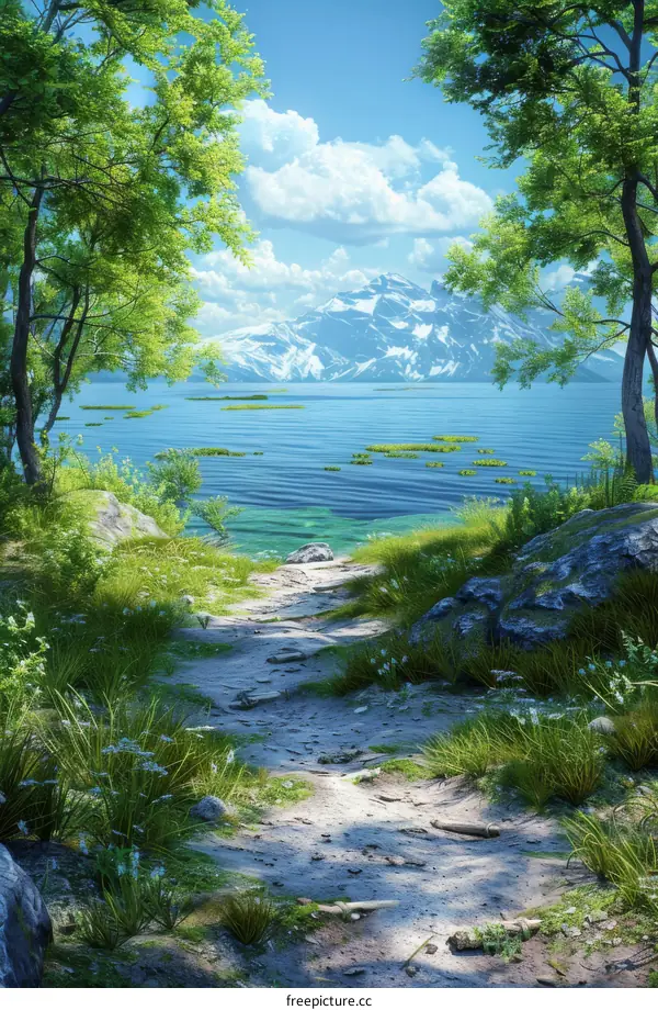Fantasy Landscape: Serene Lake Amidst Towering Mountains and Verdant Trees