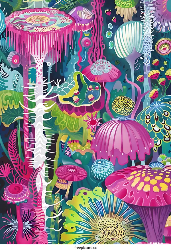 Abstract Fantasy Forest with Brightly Colored Mushroom