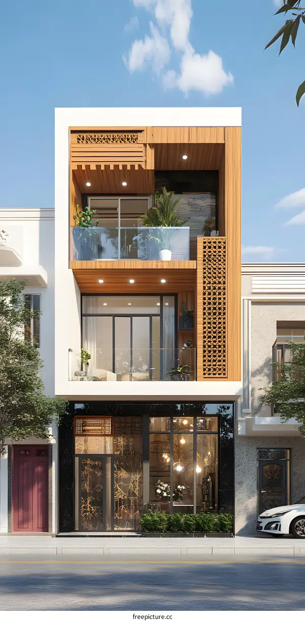 Modern Minimalist 3D Rendered Architecture Design of a Small Shop with Wooden Facade