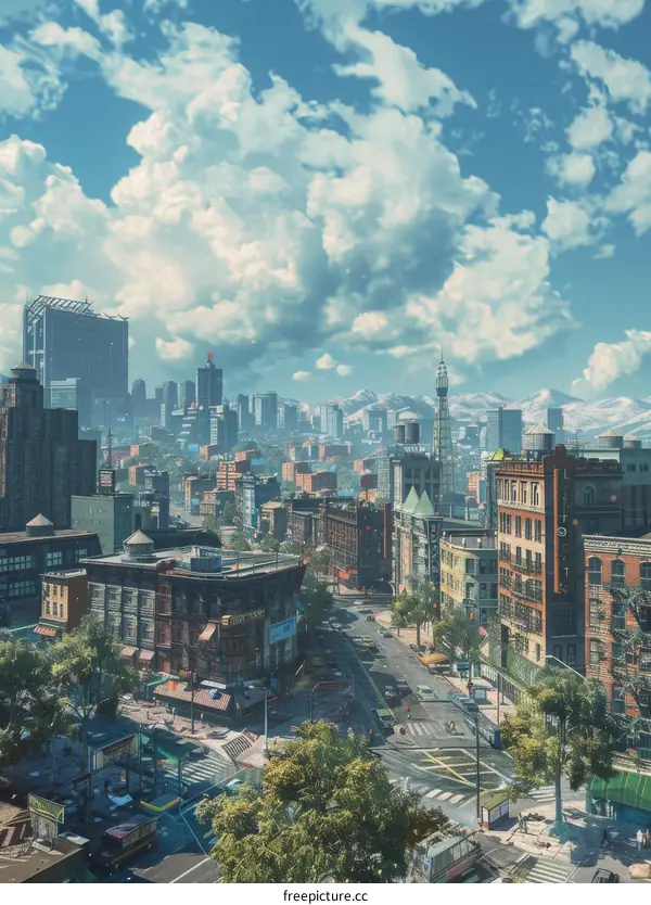 Cityscape of a fictional metropolis with futuristic skyscrapers under a clear blue sky