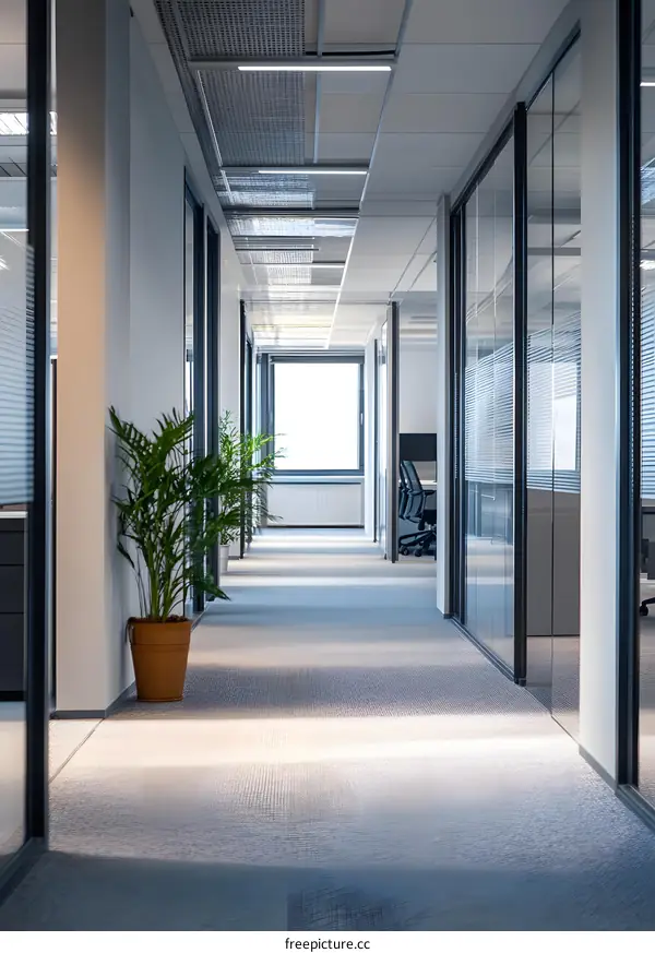 Modern Office Hallway With Glass Walls and Plant