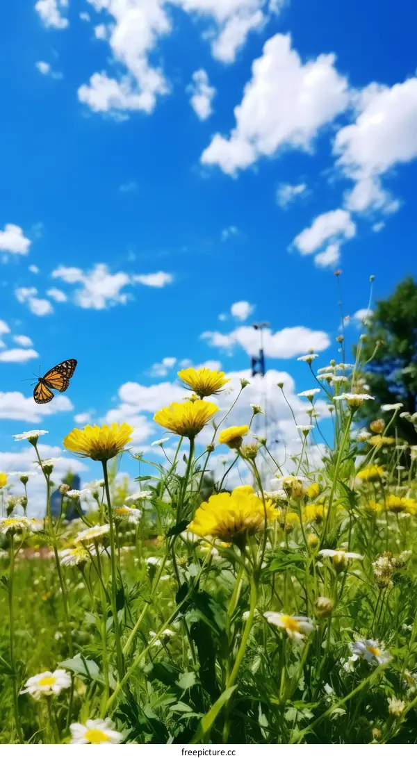 Yellow flower field with a monarch butterfly
