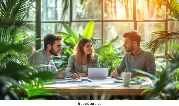 Three people are discussing a project in a green office