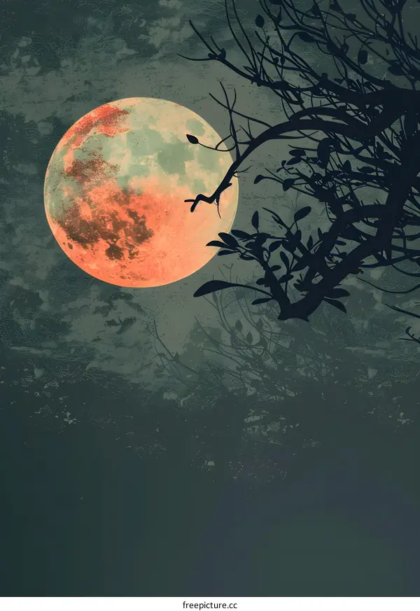 Silhouette of Tree Branches Against the Background of a Blood Moon