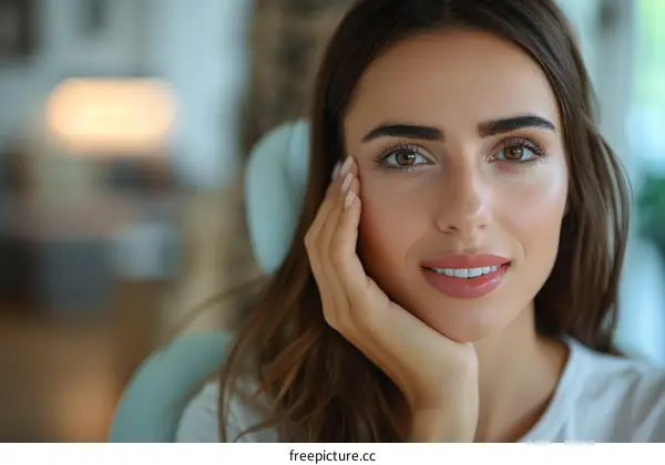 Portrait of a beautiful young woman with brown hair and brown eyes smiling at the camera