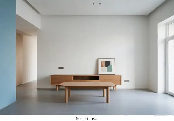 Minimalist living room with simple furniture and neutral tones