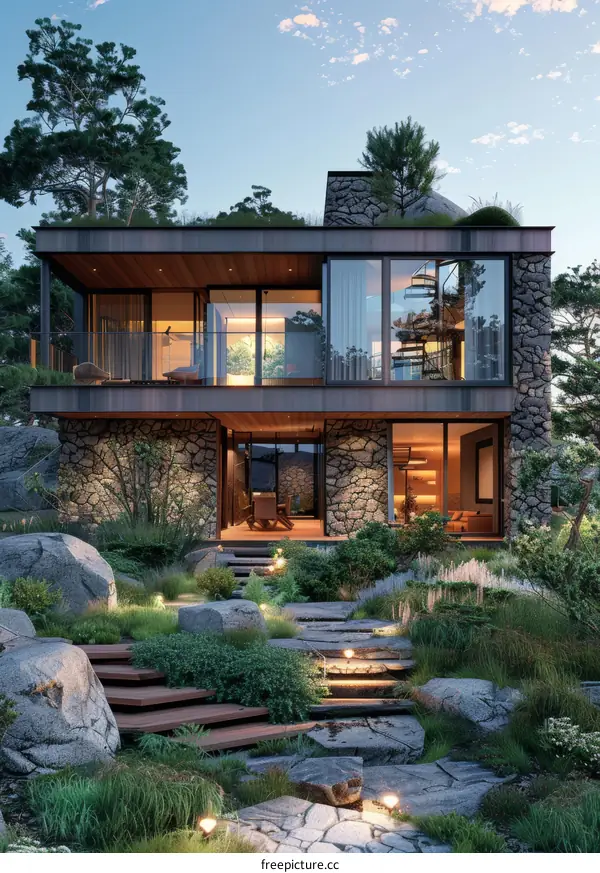 Modern two-story house with stone and wood exterior