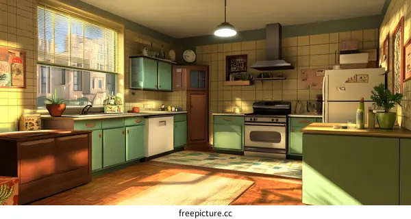 Retro Kitchen Interior Design with Green Cabinets and Wooden Flooring