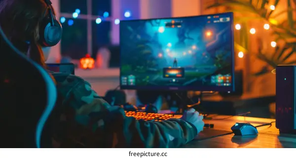 Female gamer playing video games on her computer in the evening