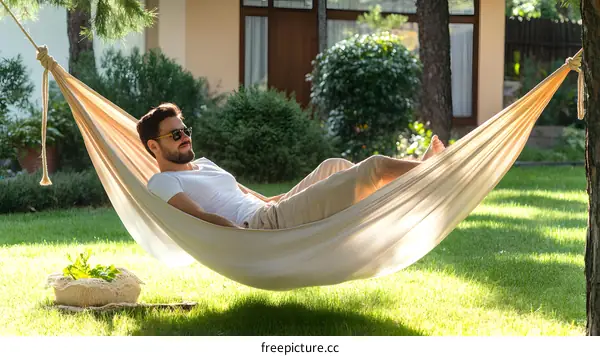 Man Relaxing in a Hammock in a Backyard