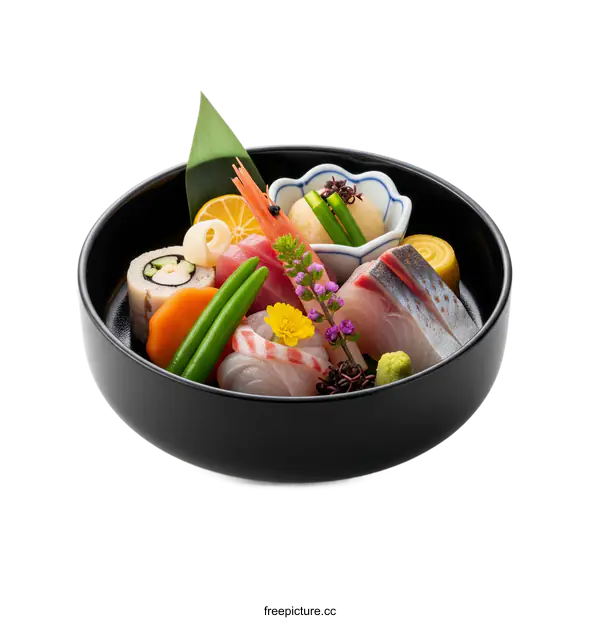 [Transparent Background PNG]A delicious assortment of various sushi and sashimi in a black bowl