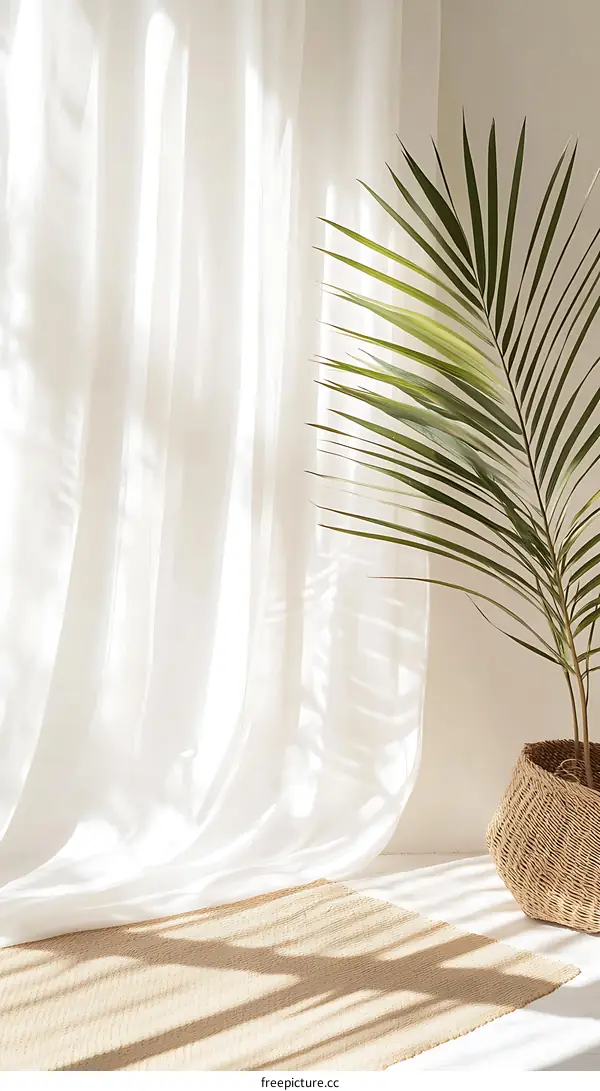 White Sheer Curtain with Palm Leaf and Sunlight