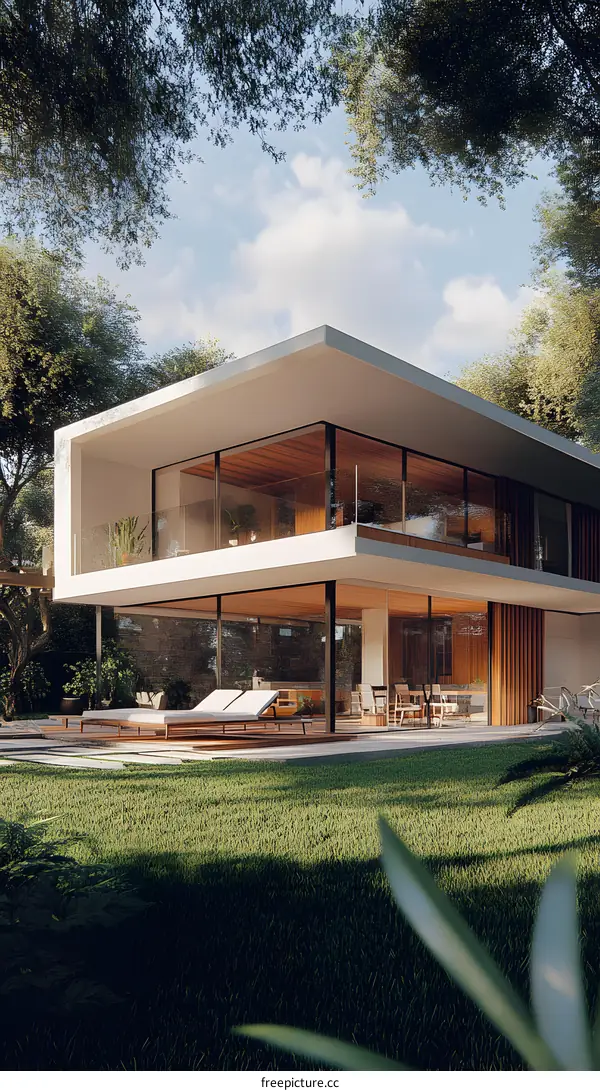 Modern House with Glass Walls and Green Lawn
