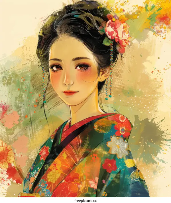 An illustration of a beautiful Japanese woman in a kimono with a floral pattern