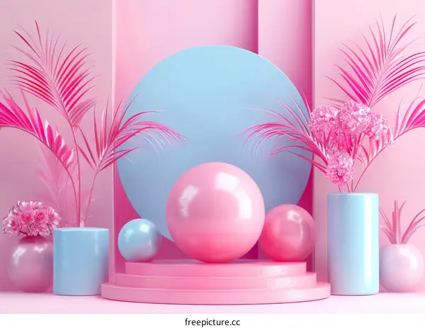 Pink and Blue Minimalist Scene with Decorative Plants