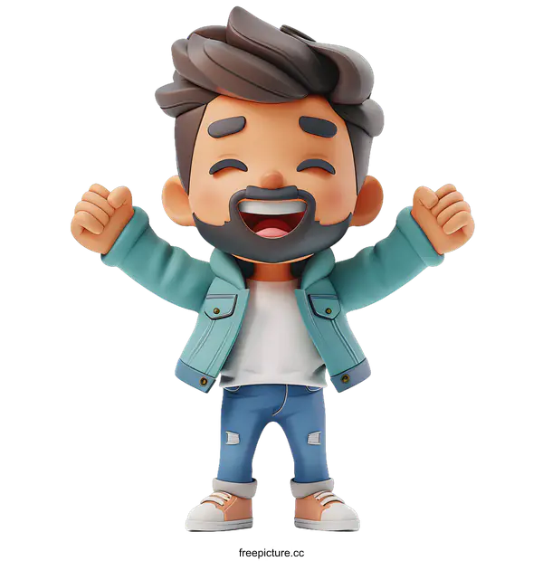 [Transparent Background PNG]Cartoon character of a man with beard wearing casual outfit and celebrating with raised arms