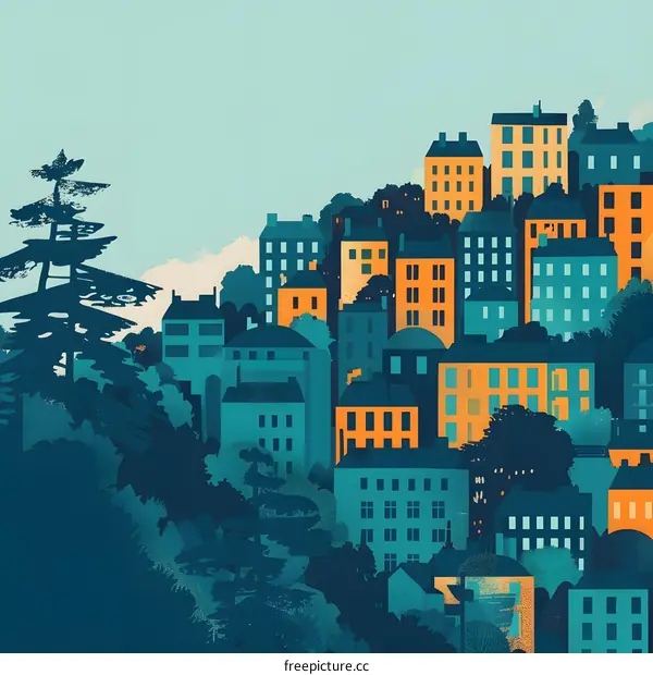 Cityscape Illustration with Buildings and Trees in a Blue and Yellow Color Palette