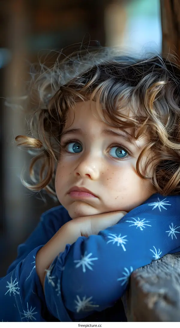 Portrait of a young girl with curly hair and blue eyes