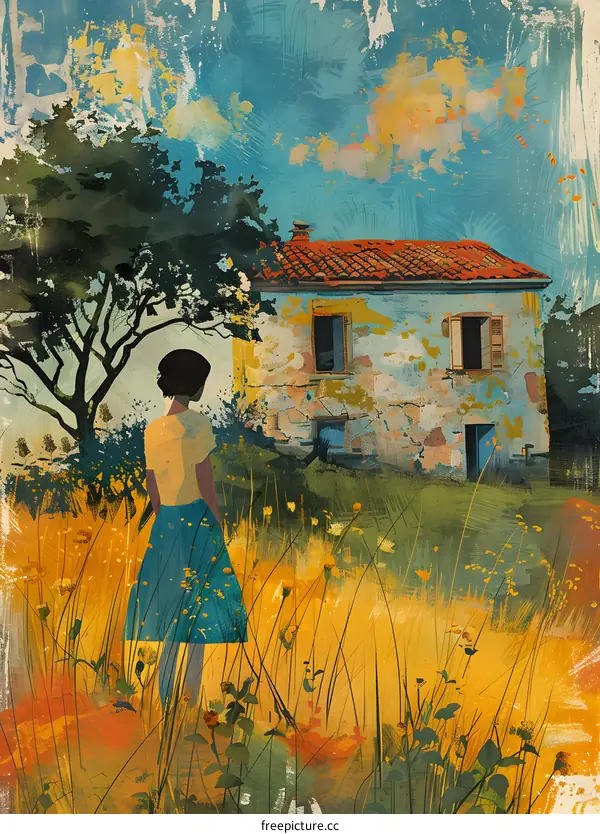 A girl standing in a field of flowers looking at an old house