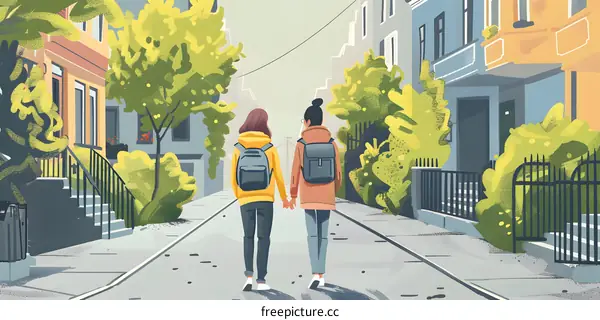 Two women walking down the street holding hands