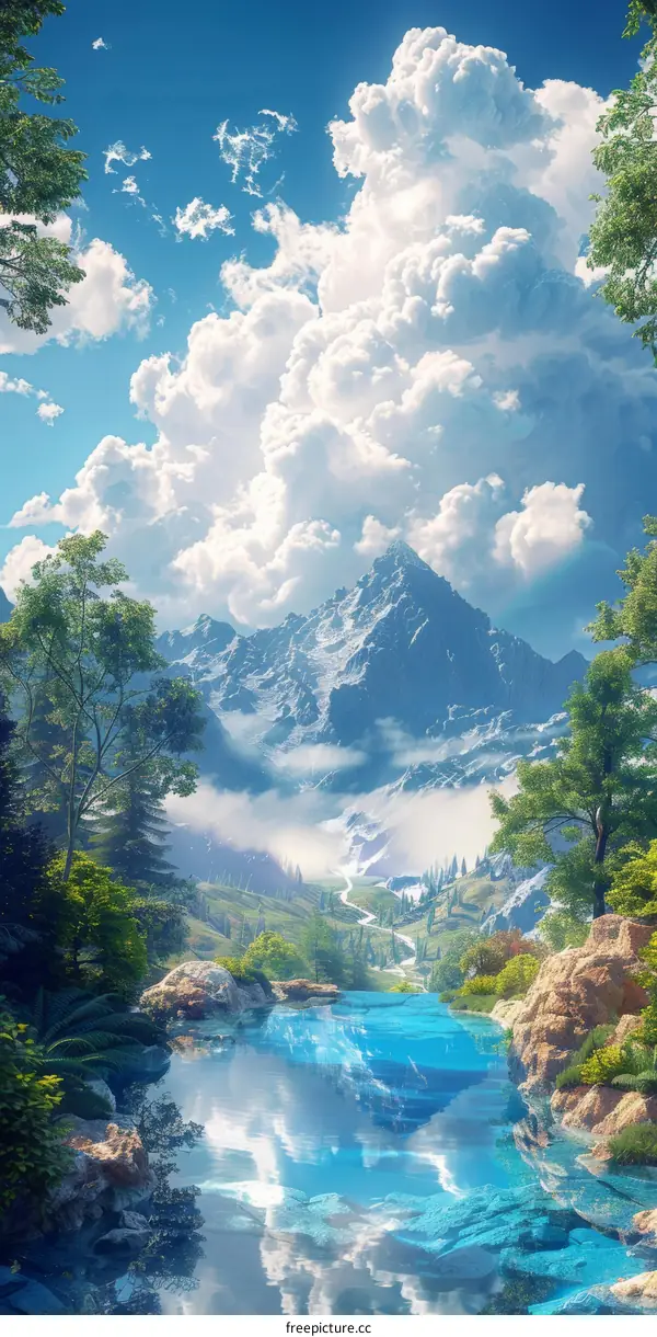 Stunning Mountain River Valley Landscape Illustration