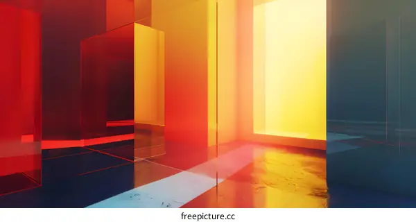 Abstract Minimalist 3D Rendered Interior Design With Bright Color Blocks And Glass Walls