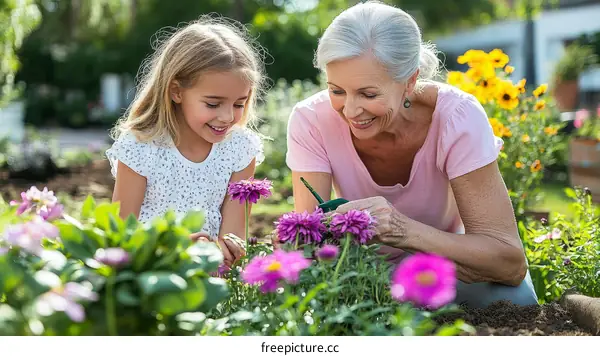 Grandmother and Granddaughter Gardening Together in a Flower Garden