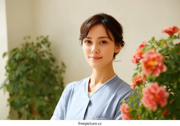 Asian Woman in a Light Blue Uniform