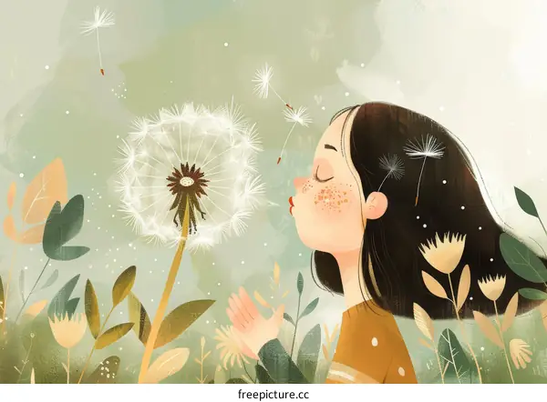 Little girl blowing dandelion seeds in a field