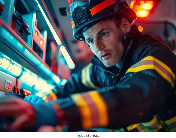 Firefighter in protective gear inspecting equipment