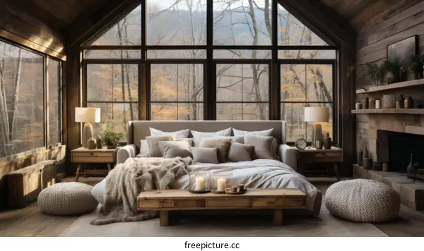 A cozy living room with a large window looking out onto a forest