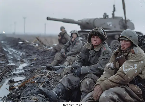 A group of soldiers take a break during the Battle of Kursk