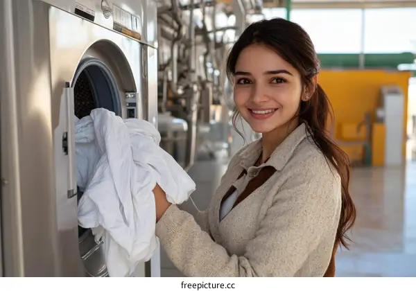 Young Woman Loading Laundry in Commercial Washing Machine