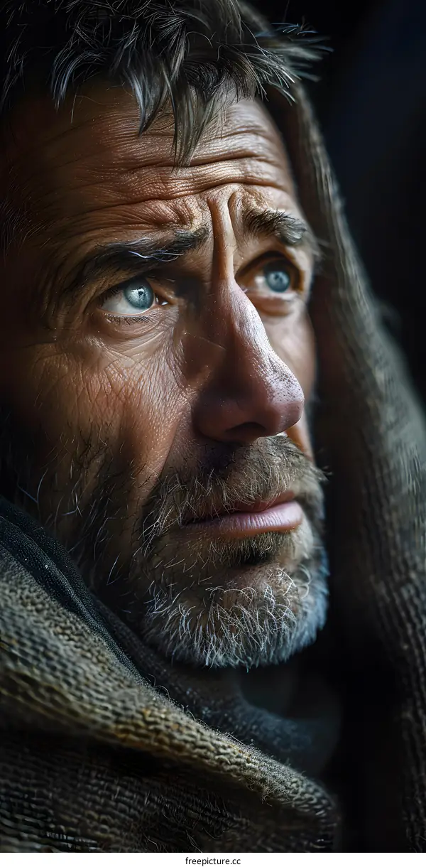 Portrait of an old man with a beard and blue eyes